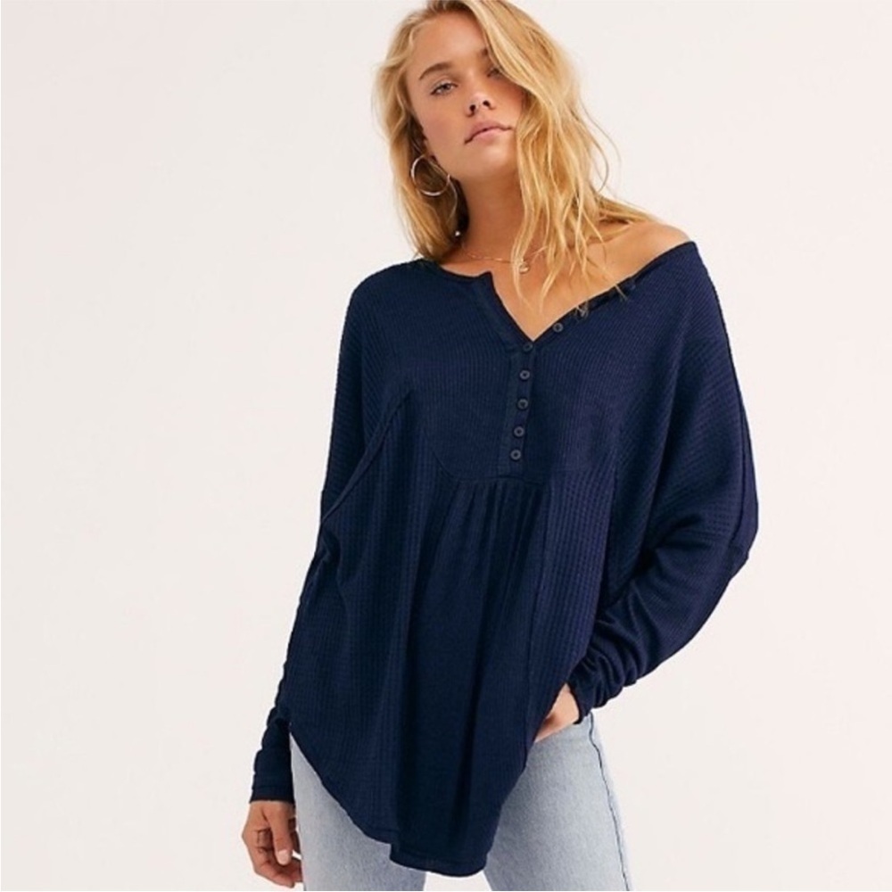 Free People Leo Henley Top Blue Slouchy Tunic Small B26